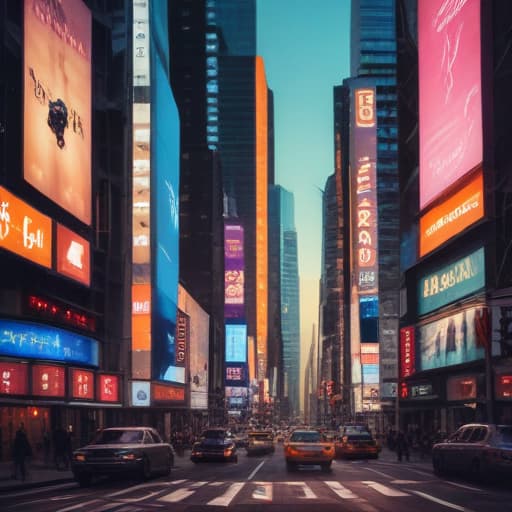 A bustling cityscape with towering skyscrapers reaching towards the sky, their glass facades reflecting the bright sun. Below, a network of busy streets filled with sleek cars rushing past, while neon signs and billboards advertise the latest technologies and innovations. The scene is a symphony of movement and progress, embodying the essence of a high-risk, high-reward venture focused on rapid growth in dynamic sectors.