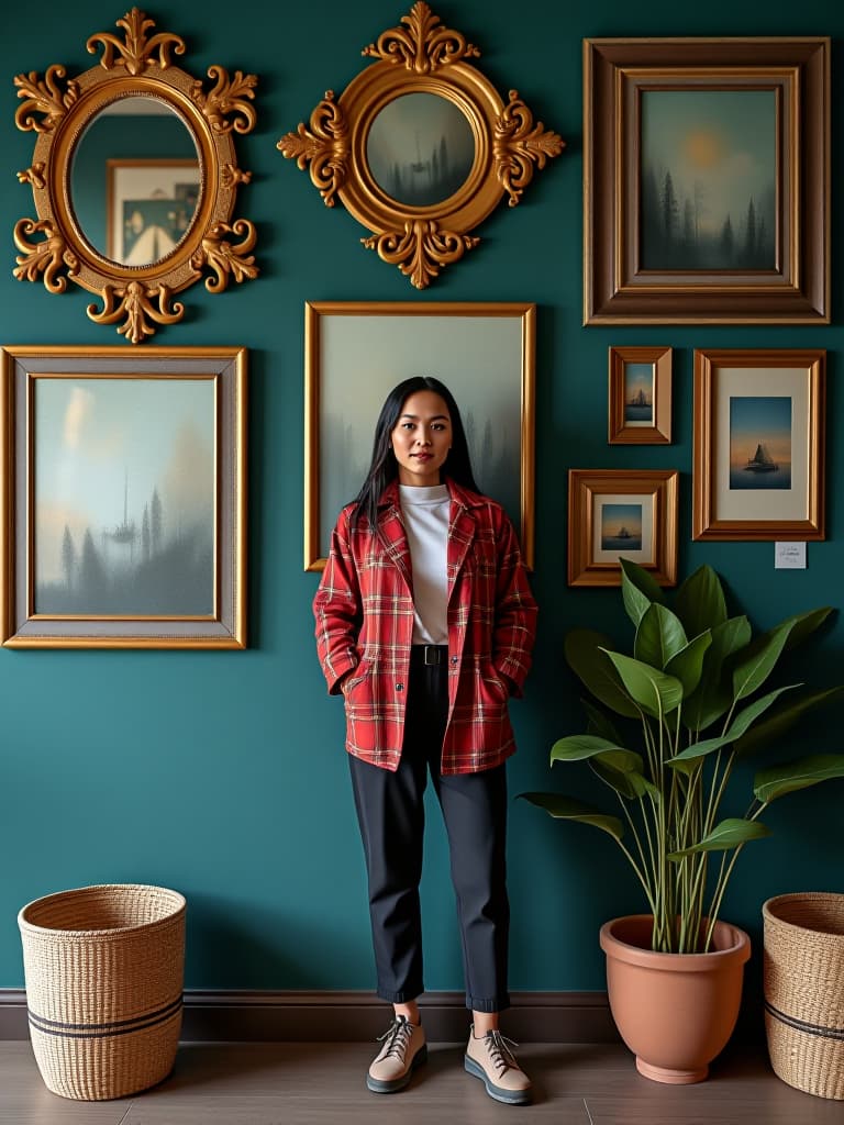  high quality portrait photo of an eclectic gallery wall featuring vintage mirrors, abstract paintings, and woven baskets against a deep teal backdrop hyperrealistic, full body, detailed clothing, highly detailed, cinematic lighting, stunningly beautiful, intricate, sharp focus, f/1. 8, 85mm, (centered image composition), (professionally color graded), ((bright soft diffused light)), volumetric fog, trending on instagram, trending on tumblr, HDR 4K, 8K