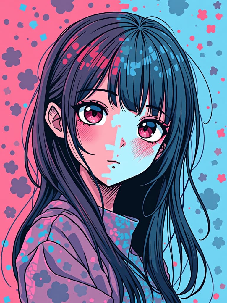  grunge splat,flat color,{{picture made of (pink: mosaic pattern),(blue: flower pattern)}},color screen tone,cartoonish technique,(two tone color),girl