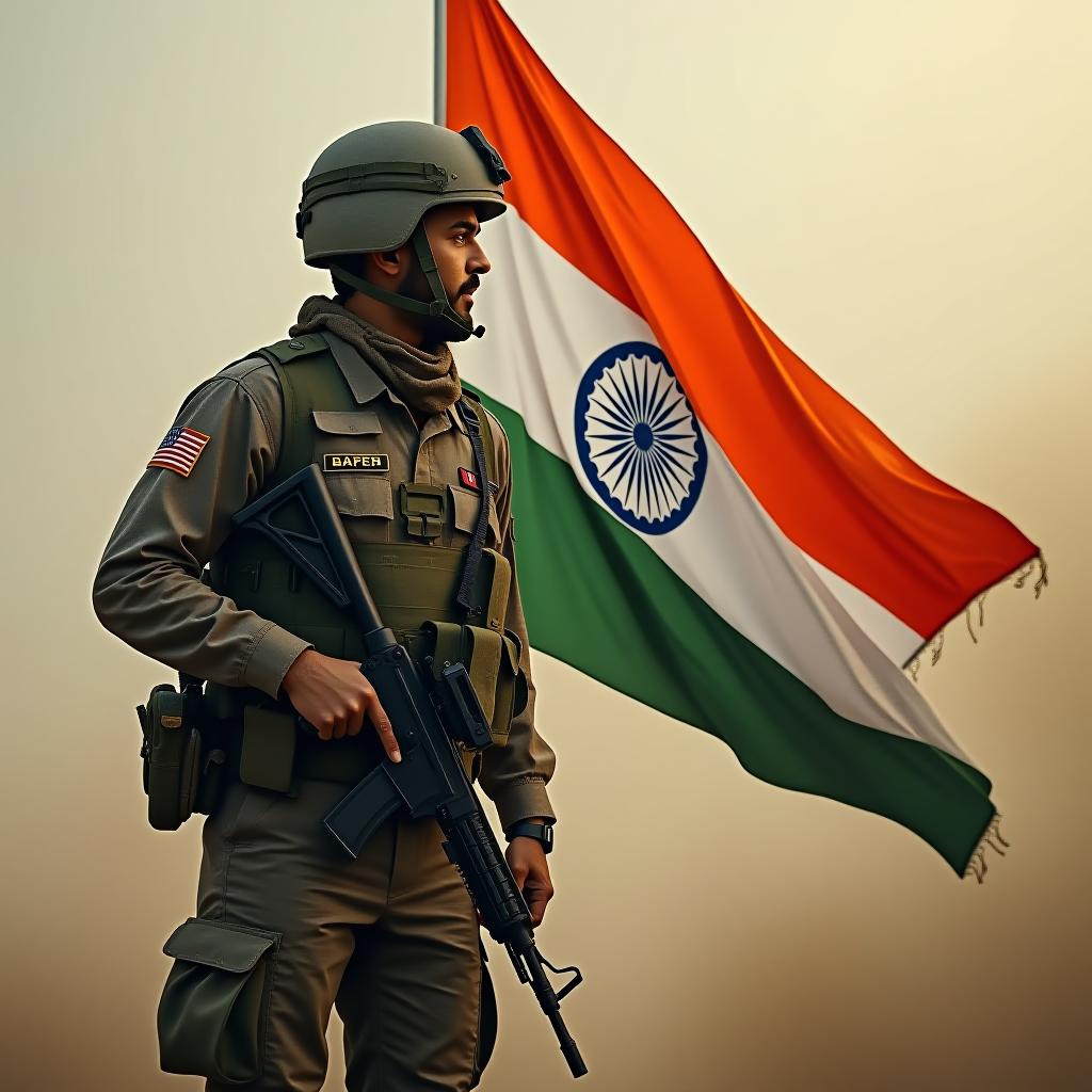  brave indian soldier with national flag in hand