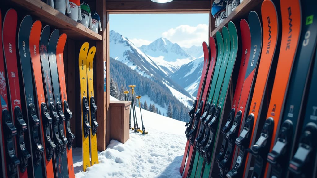  create an image of a vibrant ski shop showcasing the art of skiing with used skis. the scene should feature a colorful display of various ski lengths, brands, and logos prominently visible. show intricate details of the ski bases and edges, highlighting their condition with sharpness and clarity. include a mix of shorter and longer skis to represent different skill levels. display a backdrop of snowy mountains to convey the essence of conquering slopes. ensure the image exudes a sense of excitem