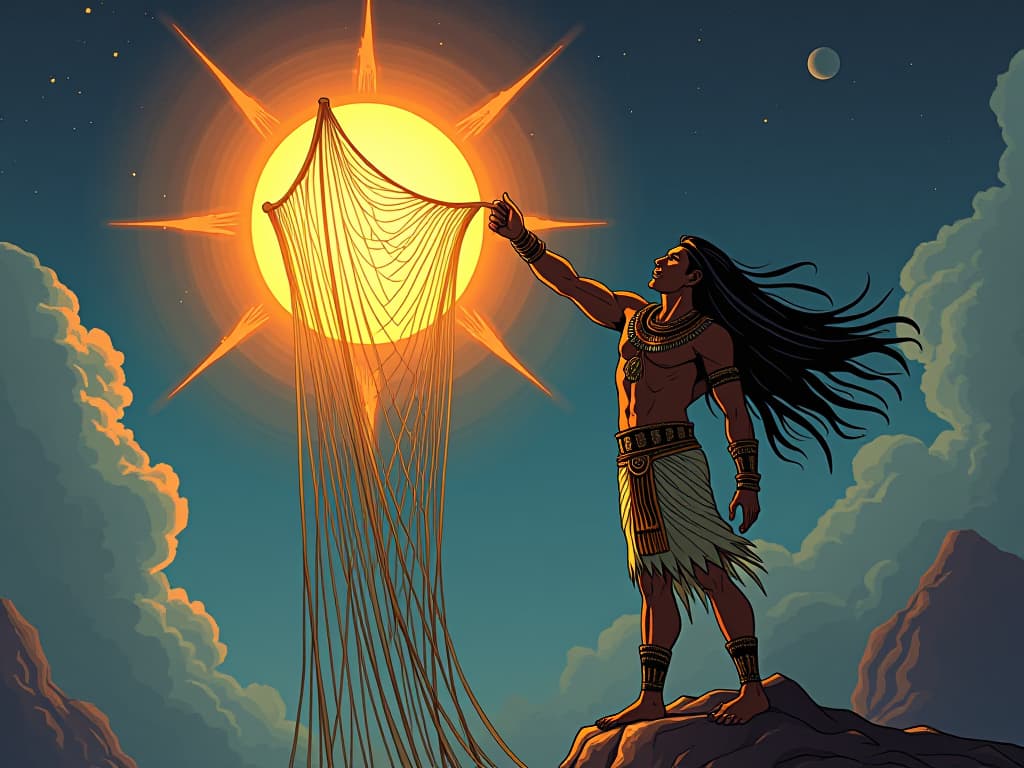  maui capturing the sun with a net made of magical ropes, suspended in the sky, glowing with intense light, a scene of celestial domination. the style is digital art illustration / modern comic book / mysterious occult, symbolic, esoteric vibe,high detail on character design, incorporating ancient egyptian symbology and attire.