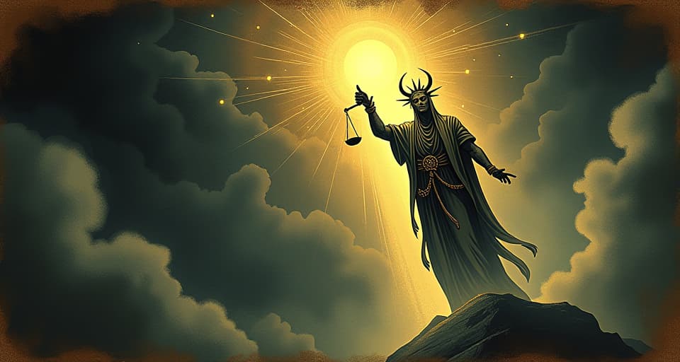  a colossal beam of light casting away all shadows, a divine presence holding a judgment scale, light overpowering darkness, triumphant, decisive. an illustration in the style of a worn, mystical old tarot trump card, mysterious and elements of surrealism. the colors are muted, somber and eerie, but with contrast bring out an occult and esoteric vibe.