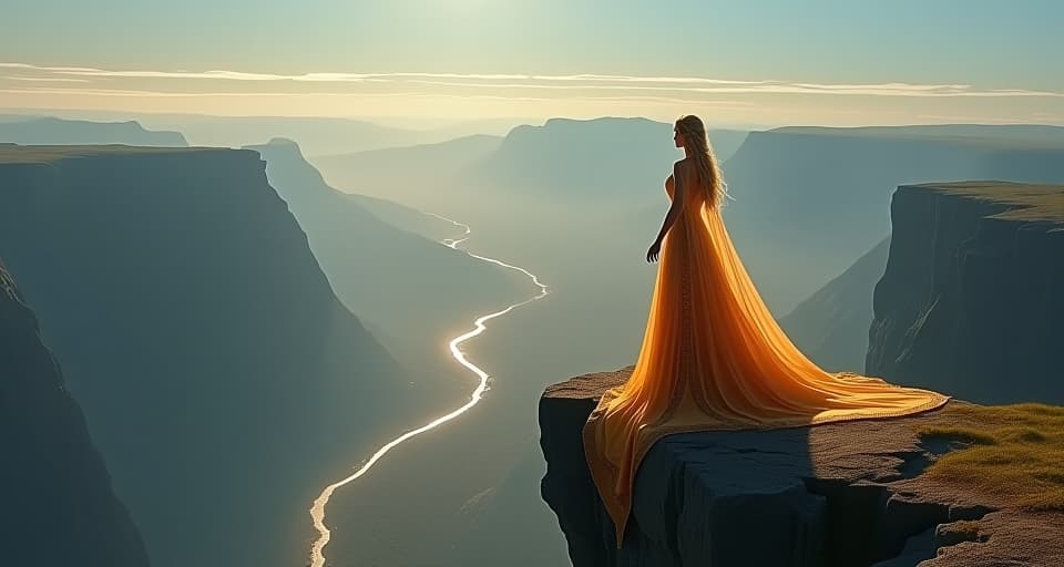  a radiant elf queen standing at the edge of a gleaming cliff, overlooking a vast, luminescent landscape below. the elf queen is adorned in an intricately patterned gown, symbolizing a significant decision shaping her future.. the style is digital art illustration,highly detailed, whimsical,magical, dreamlike atmosphere, realism and fantasy blend, smooth, glossy textures,luminous quality, wonder and enchantment.