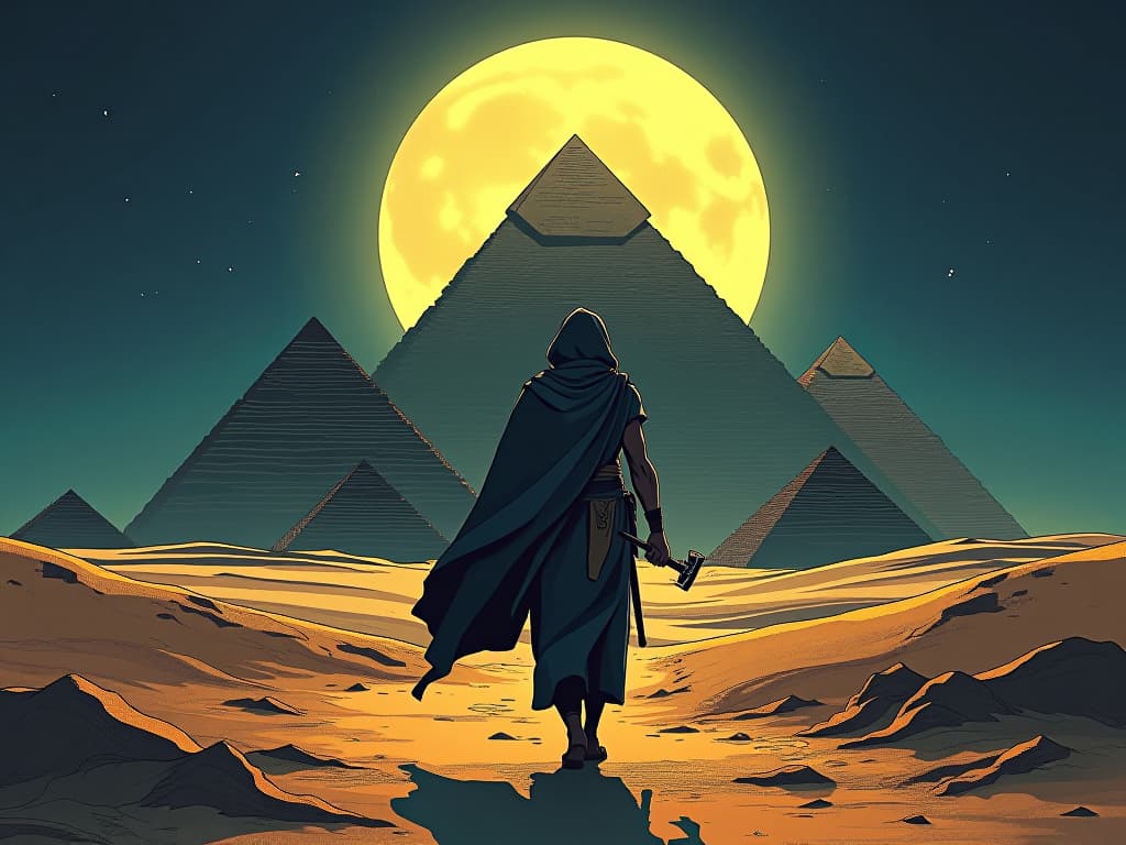  man in traditional egyptian clothing, walking towards the pyramids under the full moon, tools in hand, determined to accomplish his task. the style is digital art illustration / modern comic book / mysterious occult, symbolic, esoteric vibe,high detail on character design, incorporating ancient egyptian symbology and attire.