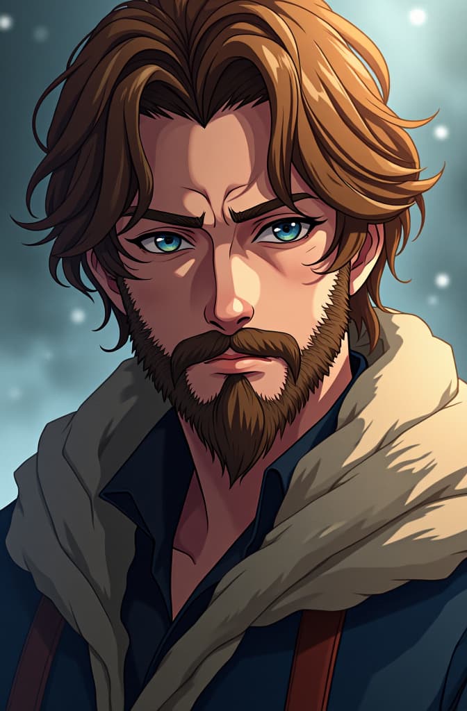  man with brown hair and beard and blue eyes, anime concept art by hayao miyazaki, featured on pixiv, fantasy art, concept art, official art, high detailed hyperrealistic, full body, detailed clothing, highly detailed, cinematic lighting, stunningly beautiful, intricate, sharp focus, f/1. 8, 85mm, (centered image composition), (professionally color graded), ((bright soft diffused light)), volumetric fog, trending on instagram, trending on tumblr, HDR 4K, 8K