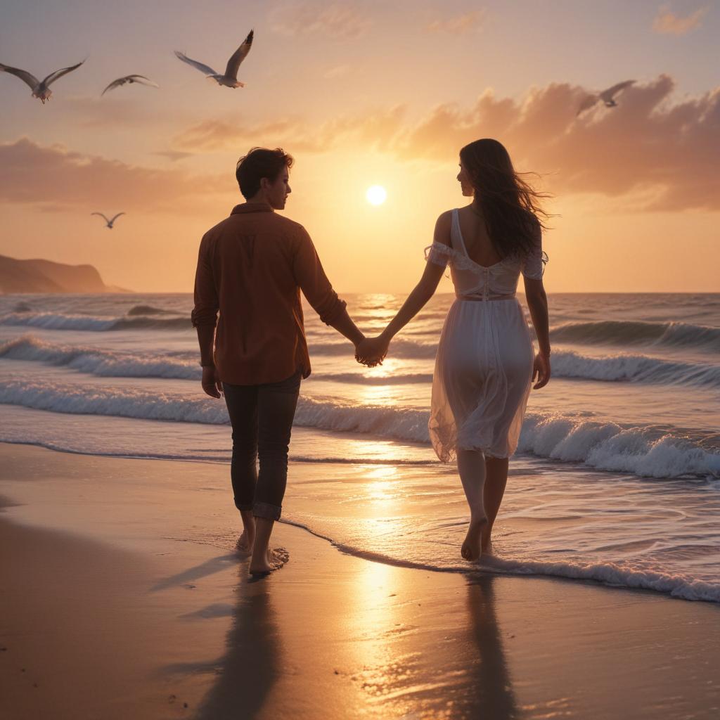 ((masterpiece)),(((best quality))), 8k, high detailed, ultra detailed, A boyfriend and girlfriend, holding hands, walking on a beach, sunset in the background, waves crashing, seagulls flying overhead hyperrealistic, full body, detailed clothing, highly detailed, cinematic lighting, stunningly beautiful, intricate, sharp focus, f/1. 8, 85mm, (centered image composition), (professionally color graded), ((bright soft diffused light)), volumetric fog, trending on instagram, trending on tumblr, HDR 4K, 8K