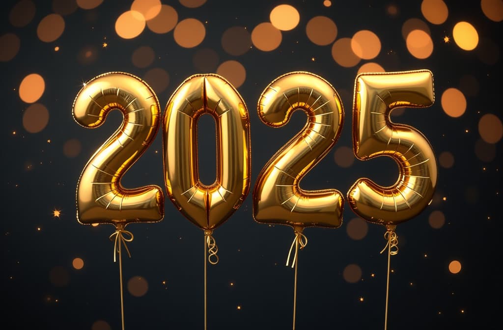  professional detailed photography, happy new year 2025 golden balloons on a dark bokeh background ar 3:2, (muted colors, dim colors, soothing tones), (vsco:0.3)