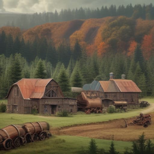 Farm To Explore in Steampunk style with Forests background