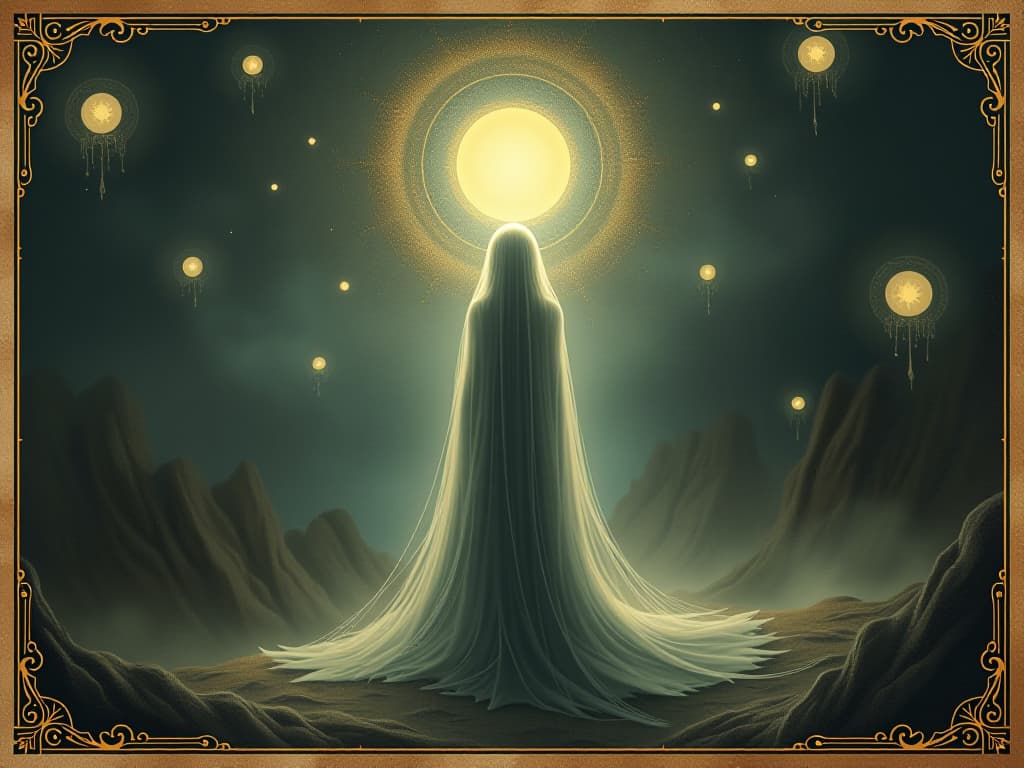  translucent figure with glowing aura, environment filled with luminous orbs, serene and introspective. an illustration in the style of a worn, mystical old tarot trump card, mysterious and elements of surrealism. the colors are muted, somber and eerie, but with contrast bring out an occult and esoteric vibe.