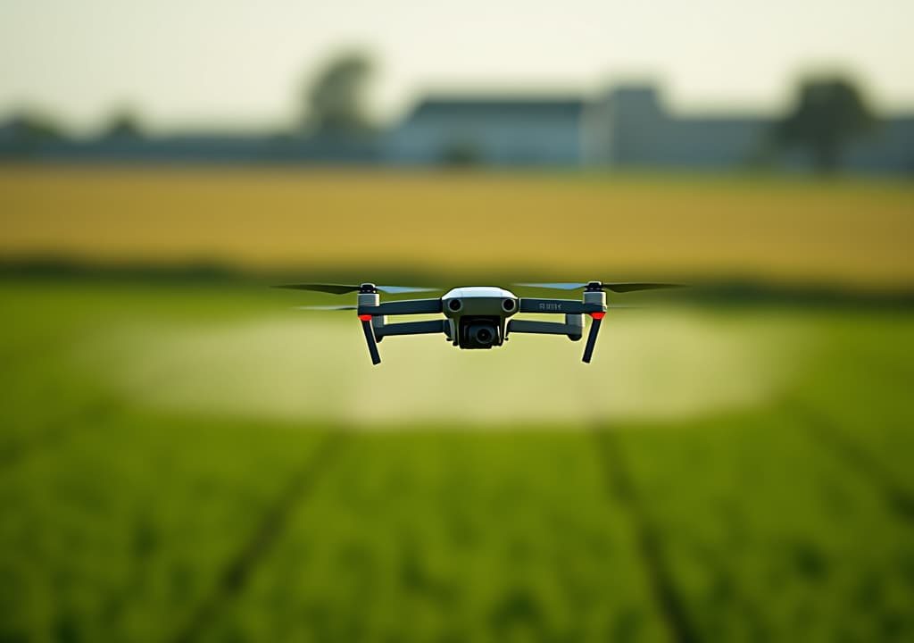  drone in flight, spraying crops in a large field with precision and efficiency in a modern farming environment.