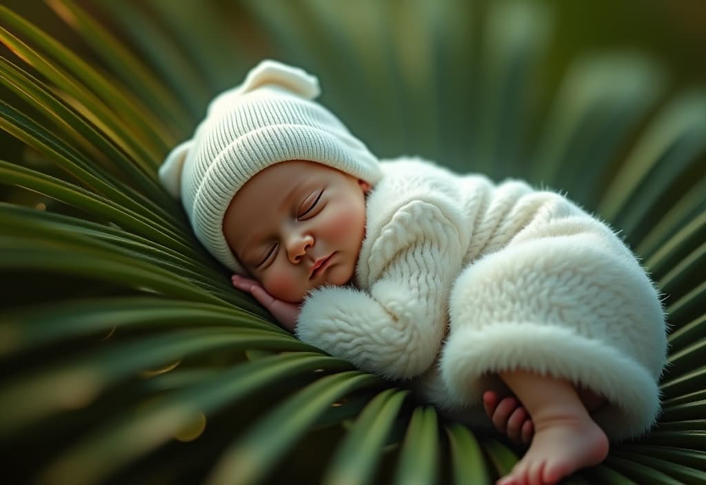  hyperrealistic art a newborn girl in a white coat and a hat sleeps on the back of her palm tree . extremely high resolution details, photographic, realism pushed to extreme, fine texture, incredibly lifelike hyperrealistic, full body, detailed clothing, highly detailed, cinematic lighting, stunningly beautiful, intricate, sharp focus, f/1. 8, 85mm, (centered image composition), (professionally color graded), ((bright soft diffused light)), volumetric fog, trending on instagram, trending on tumblr, HDR 4K, 8K