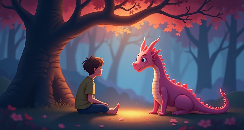  the chosen one and pink dragon seated together under a glowing tree, a serene moment of patience and resilience shared in a tranquil, illuminated forest. the style is digital art illustration,highly detailed, whimsical,magical, dreamlike atmosphere, realism and fantasy blend, smooth, glossy textures,luminous quality, wonder and enchantment.