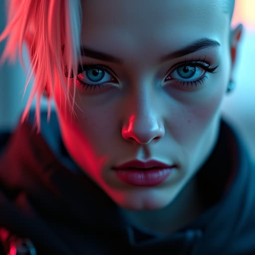  ultra realistic close up portrait ((beautiful pale cyberpunk female with heavy black eyeliner)), blue eyes, shaved side haircut, hyper detail, cinematic lighting, magic neon, dark red city, canon eos r3, nikon, f/1.4, iso 200, 1/160s, 8k, raw, unedited, symmetrical balance, in frame, 8k hyperrealistic, full body, detailed clothing, highly detailed, cinematic lighting, stunningly beautiful, intricate, sharp focus, f/1. 8, 85mm, (centered image composition), (professionally color graded), ((bright soft diffused light)), volumetric fog, trending on instagram, trending on tumblr, HDR 4K, 8K