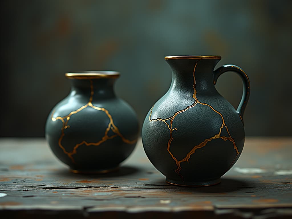  pottery with golden lines featured in a serene and reflective setting, close up to emphasize the significance of the cracks, tranquil, reflective, serene. an illustration in the style of a worn, mystical old tarot trump card, mysterious and elements of surrealism. the colors are muted, somber and eerie, but with contrast bring out an occult and esoteric vibe.