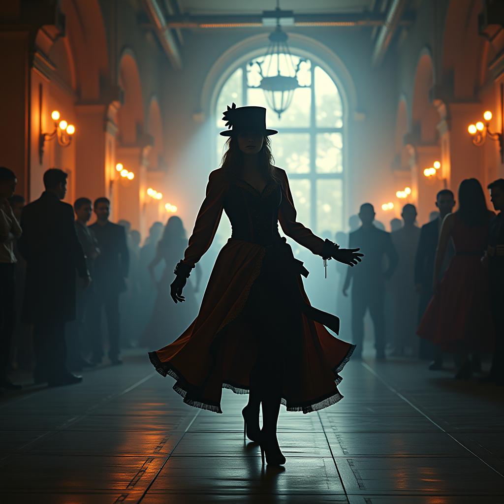  **steampunk dance hall:** hyperrealistic, full body, detailed clothing, highly detailed, cinematic lighting, stunningly beautiful, intricate, sharp focus, f/1. 8, 85mm, (centered image composition), (professionally color graded), ((bright soft diffused light)), volumetric fog, trending on instagram, trending on tumblr, HDR 4K, 8K