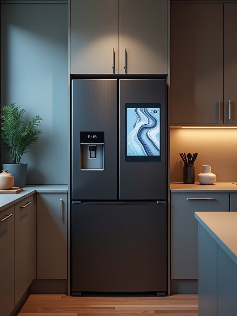  high quality portrait photo of a compact kitchen featuring a smart refrigerator with a touchscreen display, surrounded by sleek, handle less cabinets in a matte finish hyperrealistic, full body, detailed clothing, highly detailed, cinematic lighting, stunningly beautiful, intricate, sharp focus, f/1. 8, 85mm, (centered image composition), (professionally color graded), ((bright soft diffused light)), volumetric fog, trending on instagram, trending on tumblr, HDR 4K, 8K