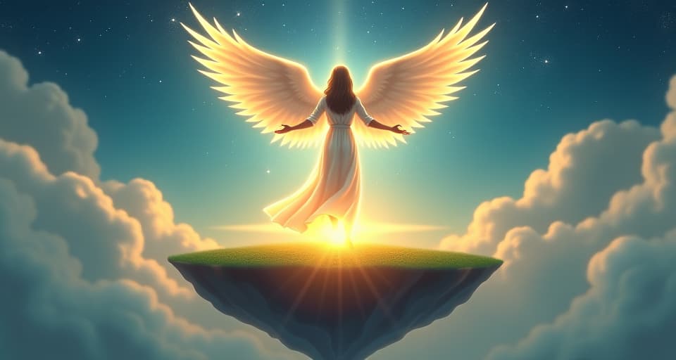  a heavenly figure with radiant wings, standing atop a floating island. extending their glowing hands towards the ground below, which bursts into flourishing life. the sky around them filled with stars and gentle light, signifying the impact of divine power.. the style is digital art illustration,highly detailed, whimsical,magical, dreamlike atmosphere, realism and fantasy blend, smooth, glossy textures,luminous quality, wonder and enchantment.