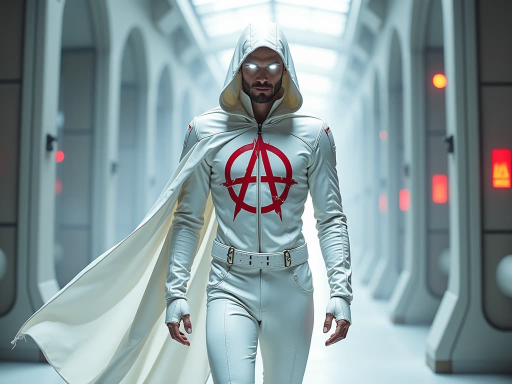  a male figure clad in a striking white leather suit, complete with a flowing white hood and cape that billow dramatically behind him. the suit features a prominent red anarchy symbol emblazoned on the chest, contrasting vividly against the pristine white fabric. his glowing white eyes exude an aura of mystique and authority. he wears sleek white leather pants and polished white boots, all designed with a futuristic edge. the background reflects a modern, advanced technological environment, infused with elements of futurism and modernity, enhancing the overall dynamic of the image.