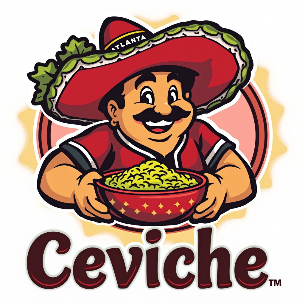  design a logo, chubby mexican with bowl of ceviche wearing an atlanta braves hat , with the text 'carlitos ceviche '.