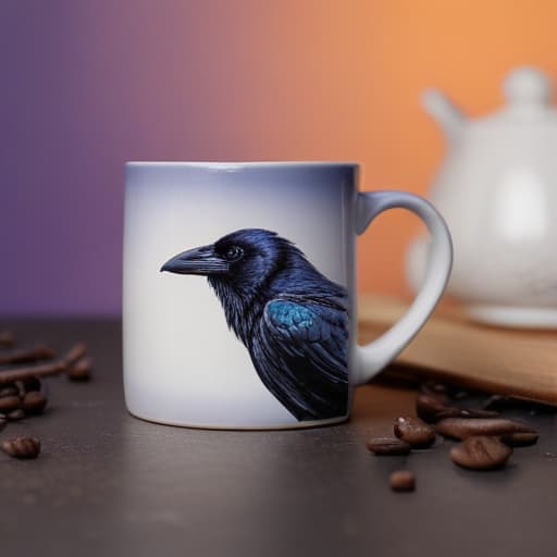 Coffee mug with Raven for Etsy shop in Macro Photography style with Gradient background