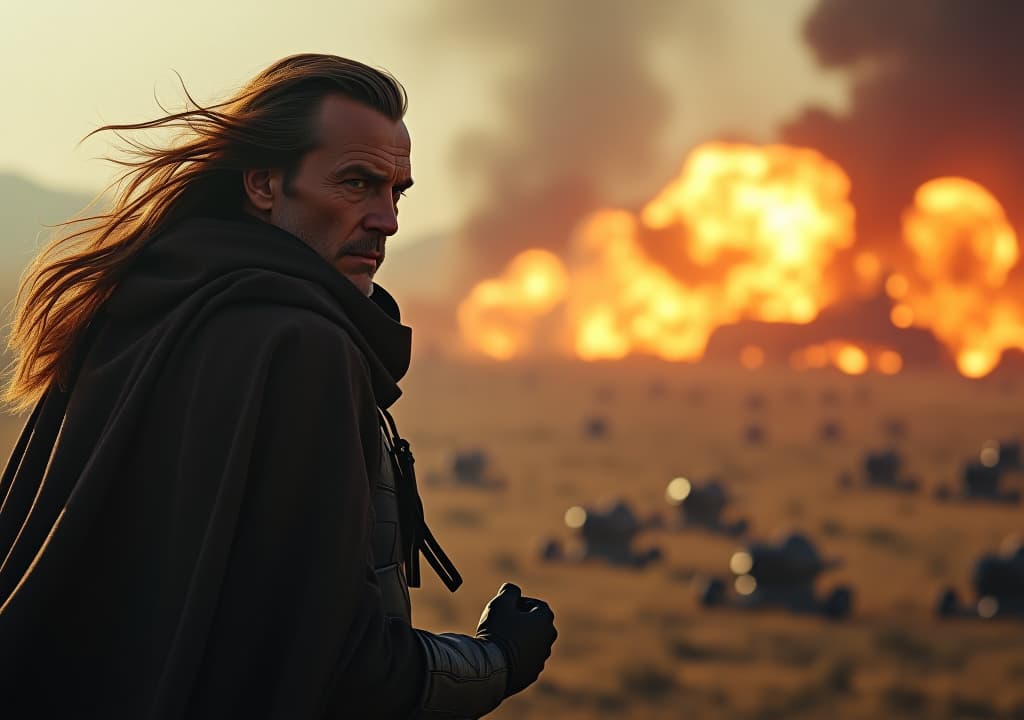  close up shot of the rebel leader, general kael, a hardened veteran with a cybernetic eye. he stands on a ridge overlooking the battle, his face set in a grim expression. the wind whips through his tattered cloak as he raises a fist, signaling a coordinated strike. in the background, massive explosions erupt as rebel artillery targets the dominion’s command center. the shot conveys the determination and resolve of the rebellion, even in the face of overwhelming odds.