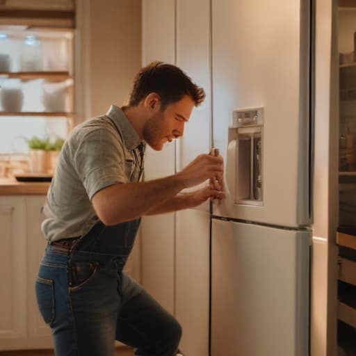 A photo of a skilled appliance repair technician troubleshooting a malfunctioning refrigerator in a cozy kitchen during early evening with warm, golden hour lighting.