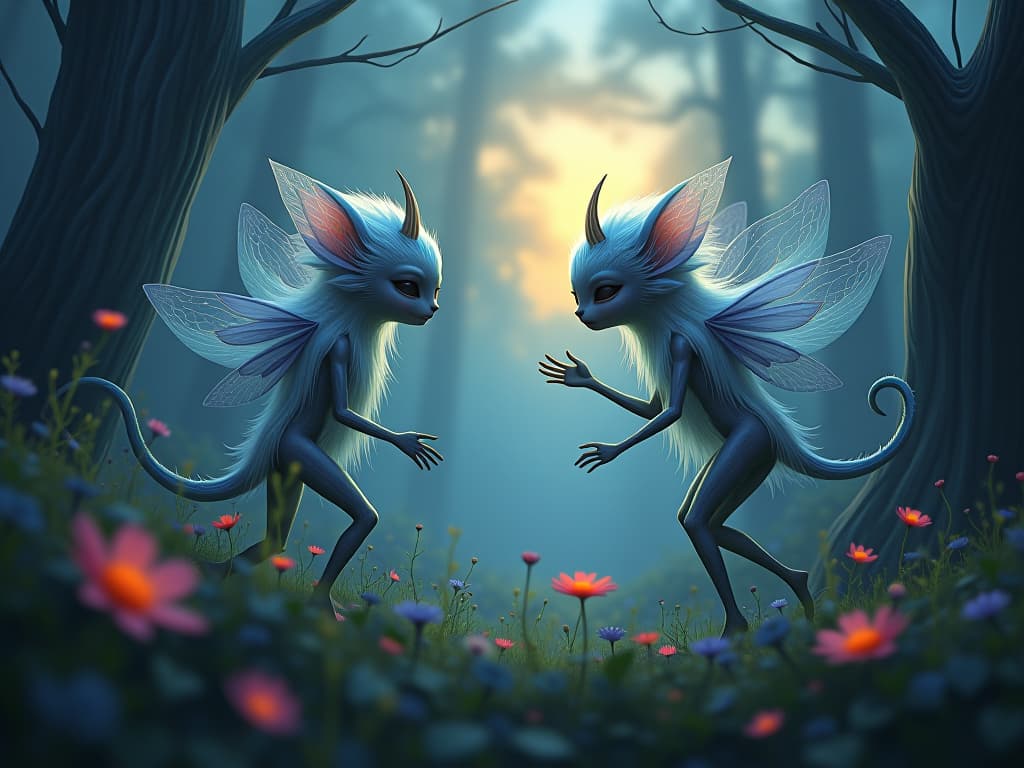  a mystical, enchanted garden at dusk. ethereal beings with brittle spirits, their movements stiff and strained. a delicate glow suffuses the scene, highlighting their fragility amidst fading light.. the style is digital art illustration,highly detailed, whimsical,magical, dreamlike atmosphere, realism and fantasy blend, smooth, glossy textures,luminous quality, wonder and enchantment.