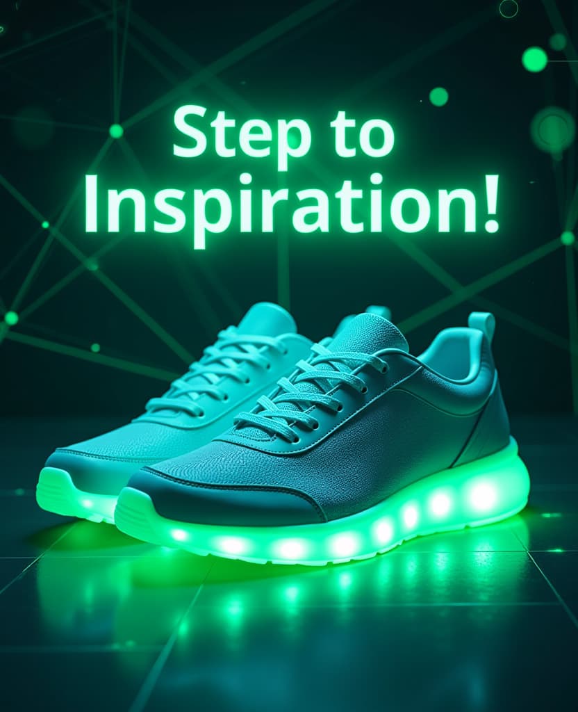  text (‘artgeneration.me’: 1.5). slogan (‘step to inspiration!’: 1,5). stylish font. bright expressive letters: glow light green. background: (neural network lines: 1,5), geometric lines, (geometry of space: 1,5). image with holographic elements. vector image, logo in vector art style. (contour silhouette:1,3) a pair of fashionable white trainers: bright laces and neon glowing sole. slogan (‘step to inspiration!’: 1,5). light from within. techno fashion.