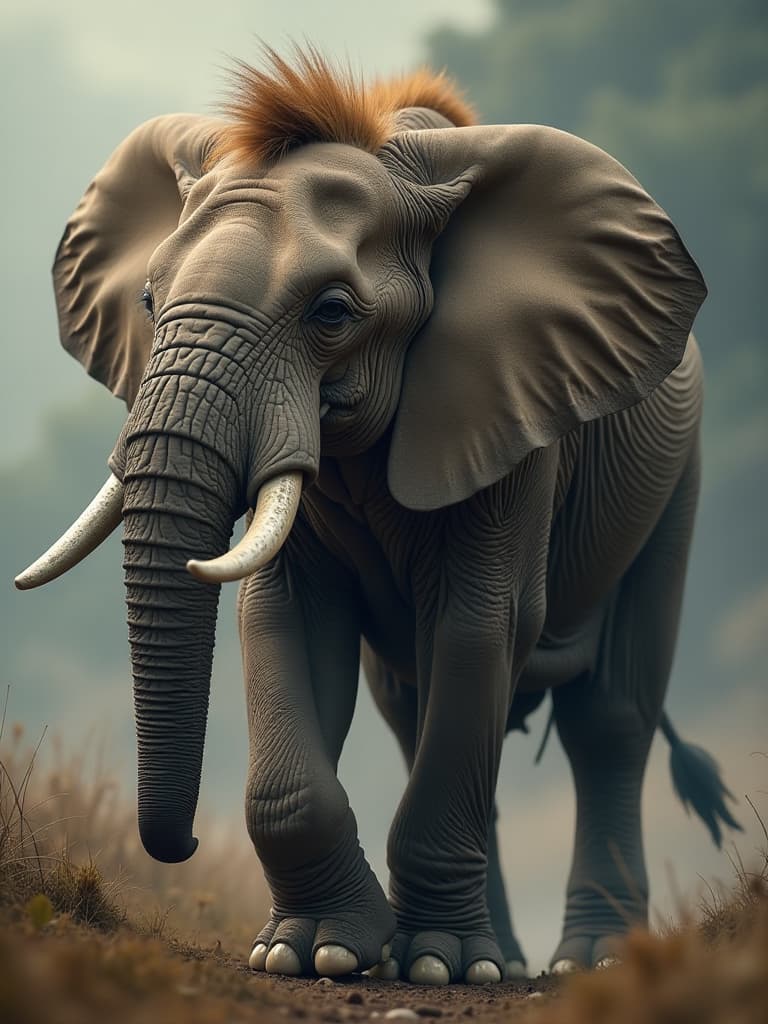  combine lion into elephant body hyperrealistic, full body, detailed clothing, highly detailed, cinematic lighting, stunningly beautiful, intricate, sharp focus, f/1. 8, 85mm, (centered image composition), (professionally color graded), ((bright soft diffused light)), volumetric fog, trending on instagram, trending on tumblr, HDR 4K, 8K