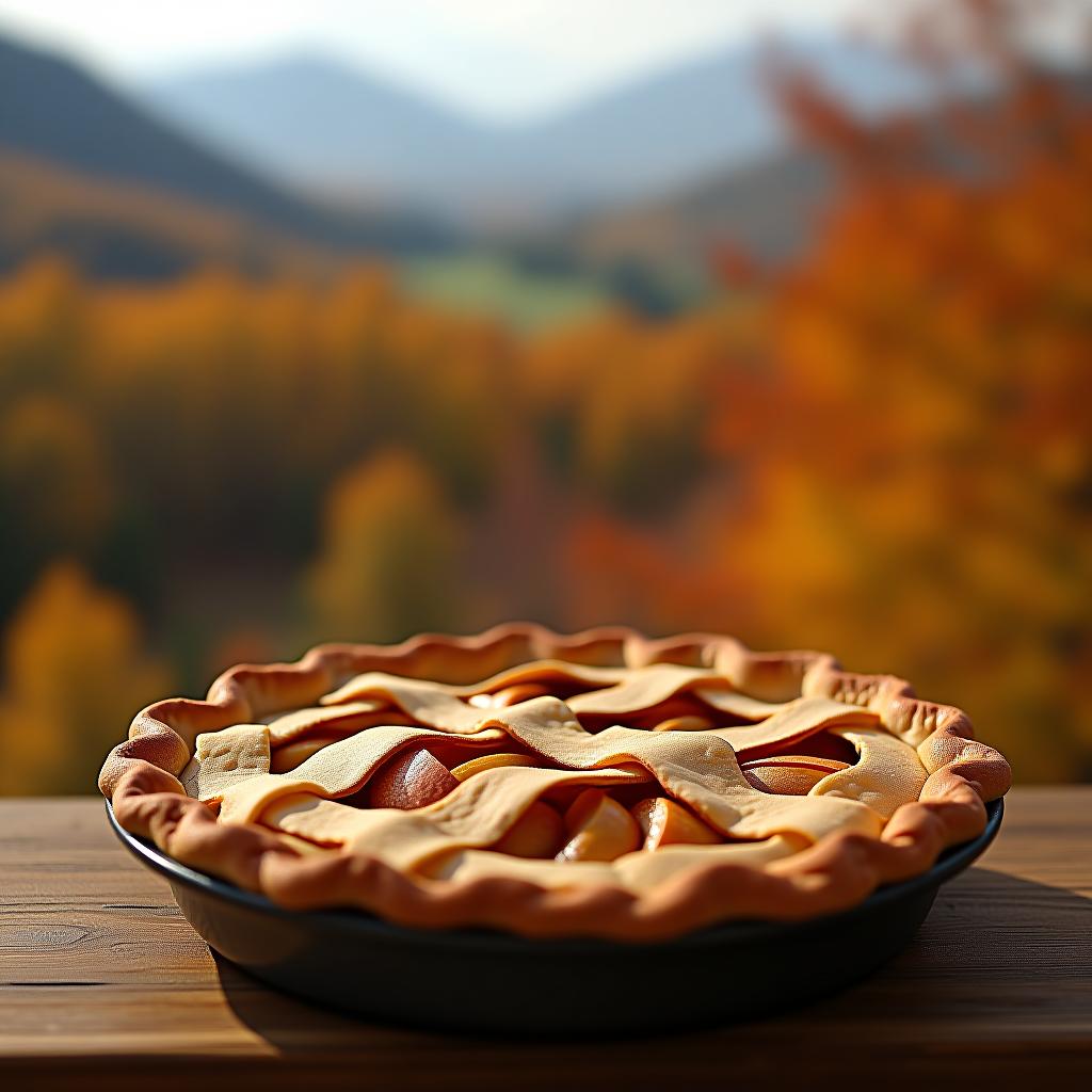  apple pie has just been baked against the backdrop of an autumn landscape.