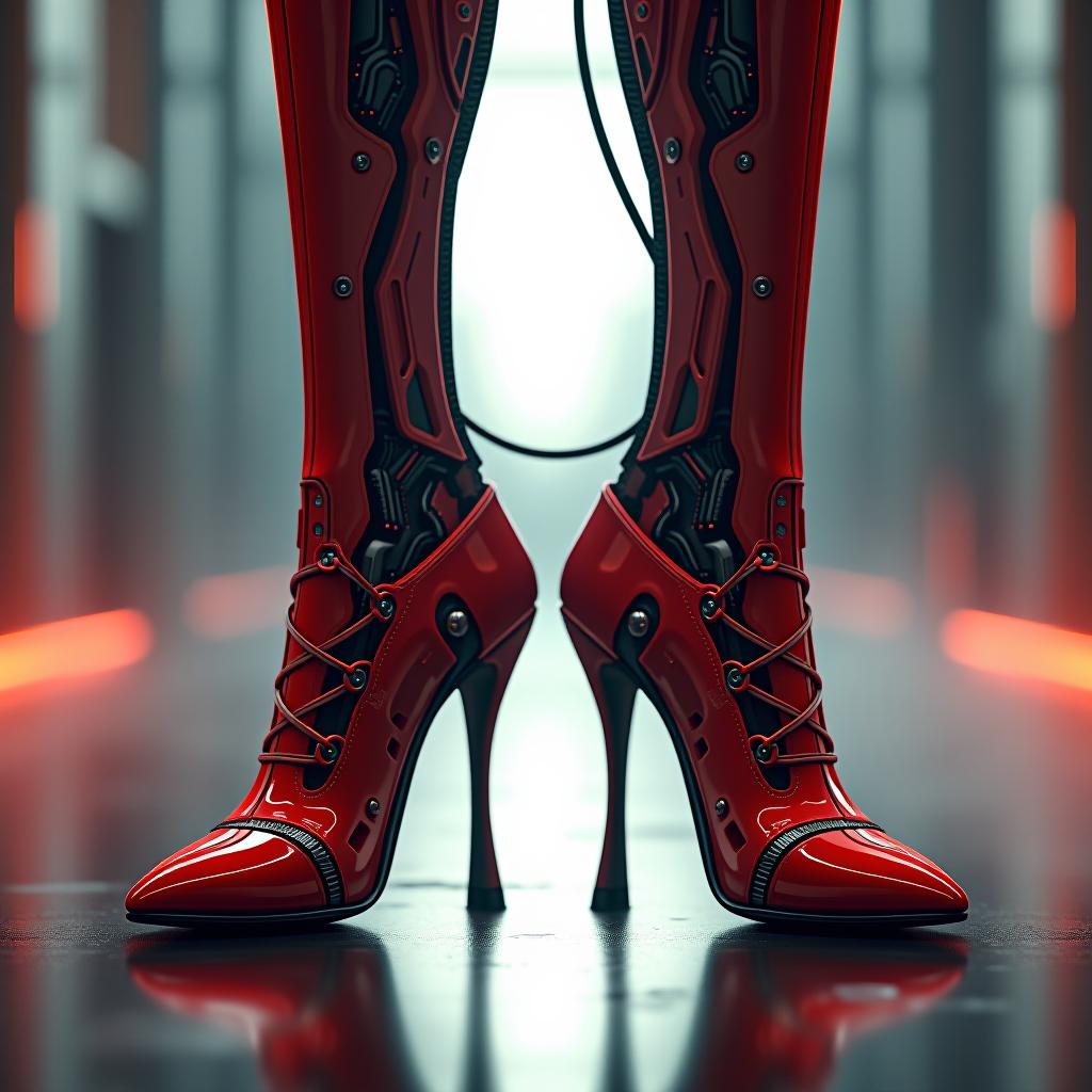  cybernetic robot two red, long, red, red shoes on high heels . android, ai, machine, metal, wires, tech, futuristic, highly detailed hyperrealistic, full body, detailed clothing, highly detailed, cinematic lighting, stunningly beautiful, intricate, sharp focus, f/1. 8, 85mm, (centered image composition), (professionally color graded), ((bright soft diffused light)), volumetric fog, trending on instagram, trending on tumblr, HDR 4K, 8K