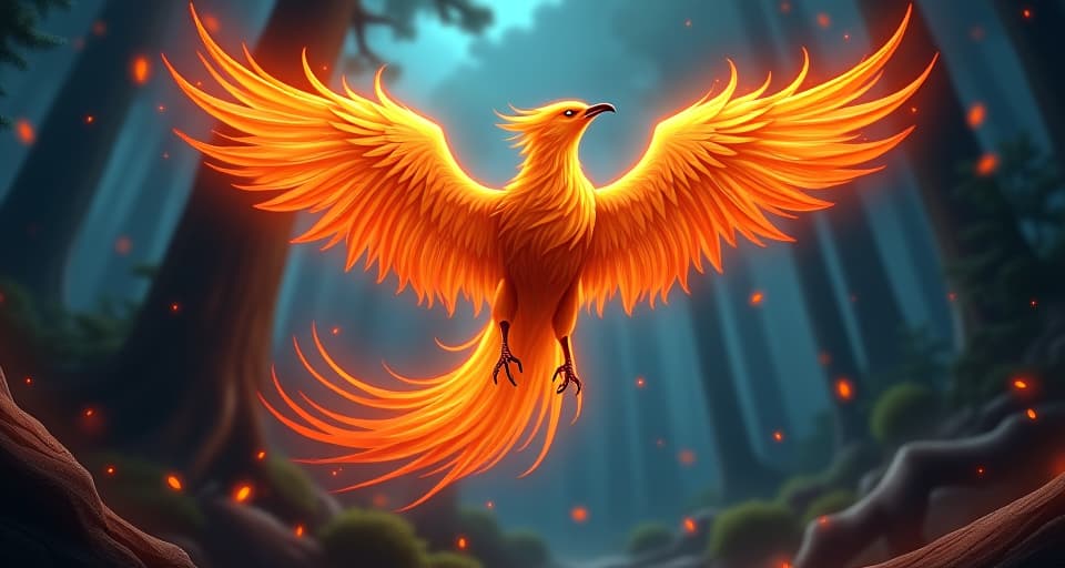  an ethereal phoenix, fiery plumage glowing with intensity, soaring above a mystical forest. embers falling, illuminating the night, powerful and uncontainable.. the style is digital art illustration,highly detailed, whimsical,magical, dreamlike atmosphere, realism and fantasy blend, smooth, glossy textures,luminous quality, wonder and enchantment.