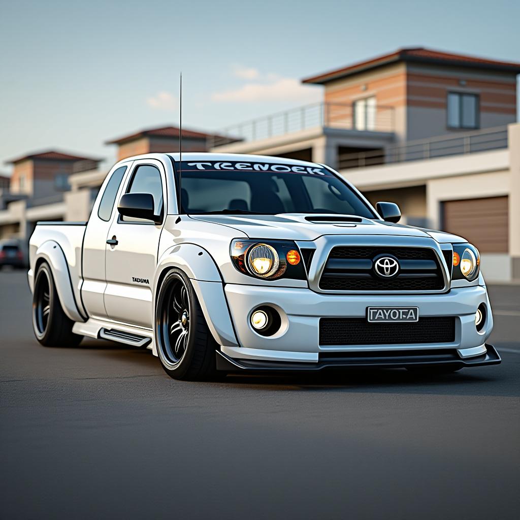  2008 toyota tacoma, new, stanced, futuristic, gts, trd, lowered, racing, race truck, detailed, 8k, white,single cab, 17x12 wheels, wide body, brake cooling ducts, photo realistic, highly intricate and detailed, masterpiece, ultra high res,photography,8k resolution