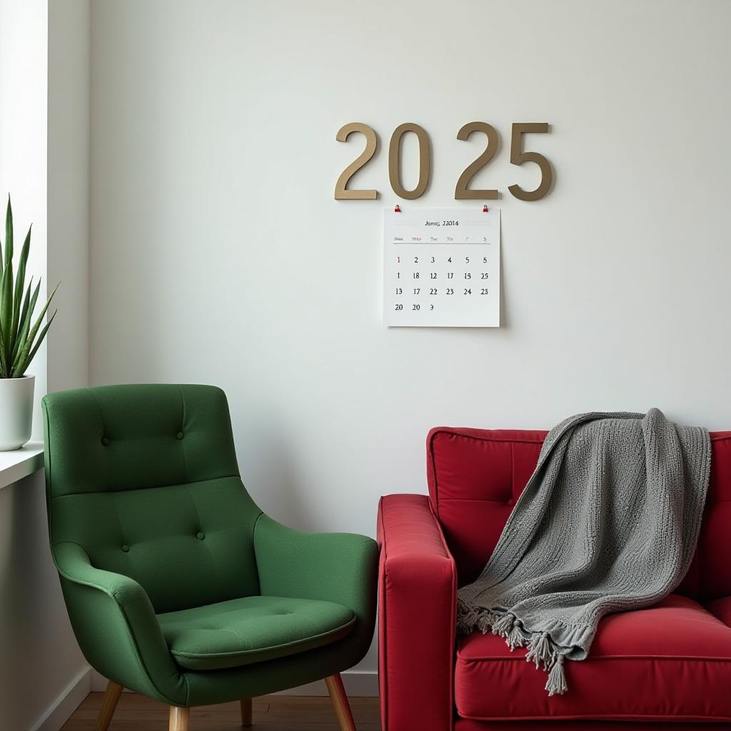  numbers "2025" on a calendar on a white wall in a psychologist's office green armchair with armrest gray knitted cozy blanket next to it red couch aspect ratio 3:2r {prompt}, maximum details