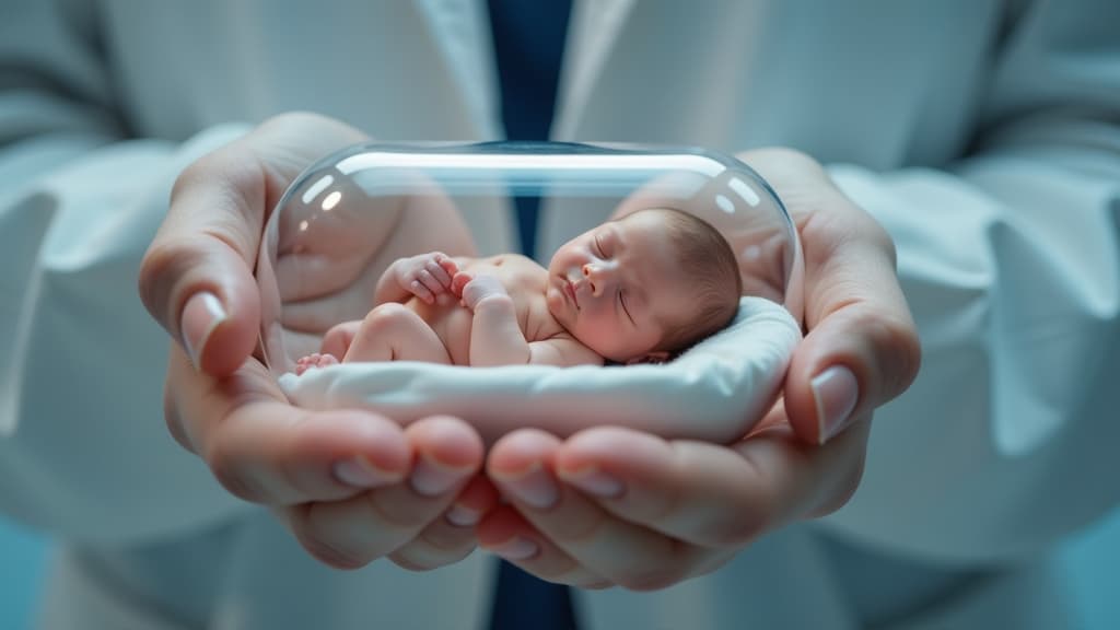  close up. female hand holding small transparent white medical capsule. baby sleeping inside capsule. in vitro fertilization concept ar 16:9 {prompt}, maximum details