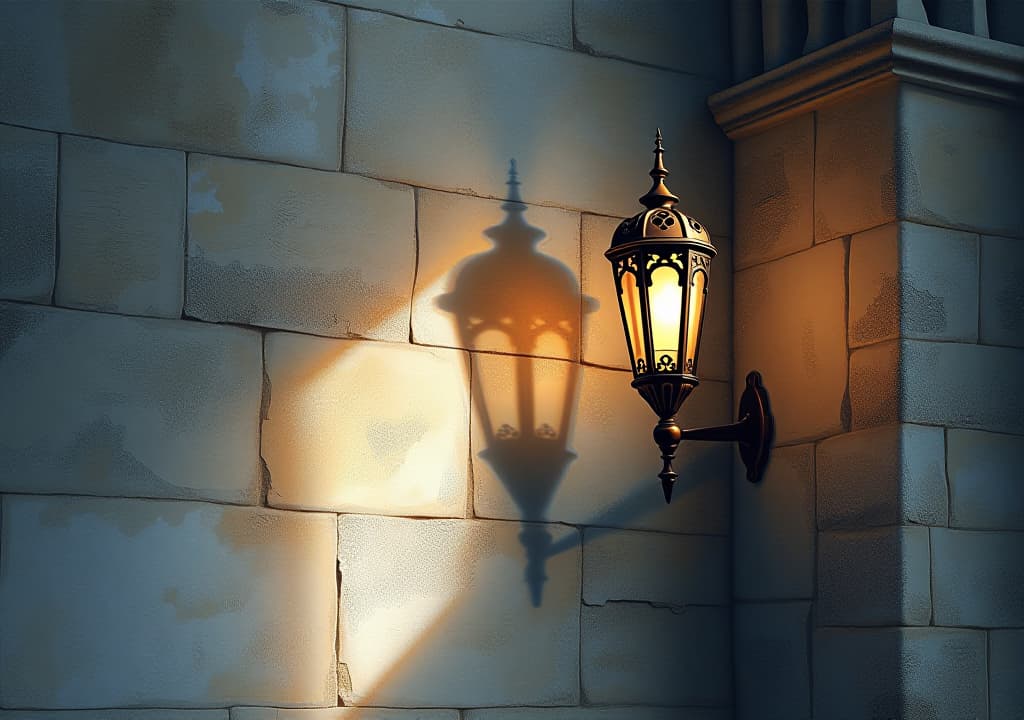  gothic sconce, casting shadows on stone walls, watercolor style, high quality, high details, hd, perfect composition, 4k epic detailed, highly detailed, sharp focus, high resolution