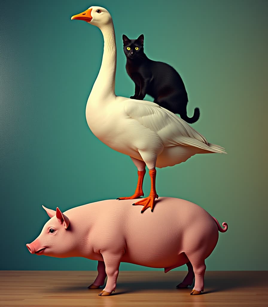  pop art style (masterpiece, oil painting:1.2), a goose standing on a pig and a black cat on top of the goose, close up, vintage poster, high attention to fine detail, perfect pose following the rules of thirds and the golden ratio, high resolution, high detailing . bright colors, bold outlines, popular culture themes, ironic or kitsch hyperrealistic, full body, detailed clothing, highly detailed, cinematic lighting, stunningly beautiful, intricate, sharp focus, f/1. 8, 85mm, (centered image composition), (professionally color graded), ((bright soft diffused light)), volumetric fog, trending on instagram, trending on tumblr, HDR 4K, 8K