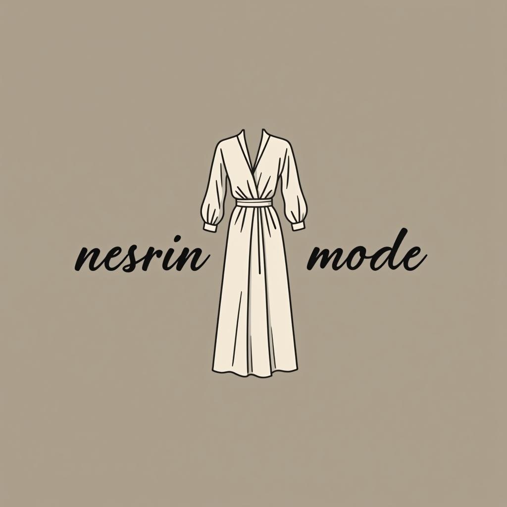  design a logo, in a minimalism style. nesrin mode hintergrund schwarz schrift weiß schreibschrift neben ein gezeichnetes langes kleid , with the text 'nesrin mode '.