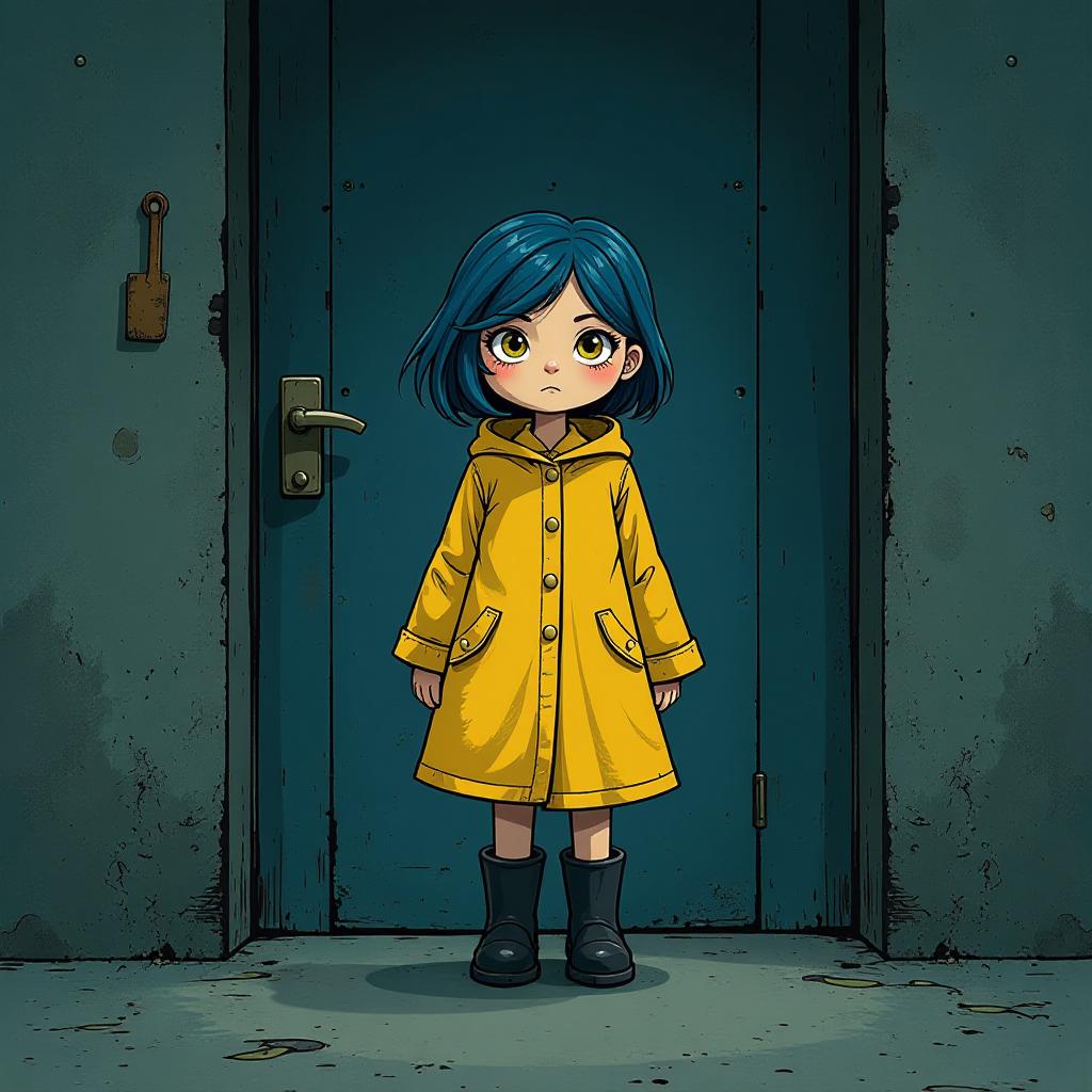  a contemporary ilration style with vint colors and a linear expression of coraline jones by neil gaimen, a with short blue hair, wearing a bright yellow raincoat and black boots. she has large, yellowish expressive eyes and a curious, determined expression. she's standing in front of a mysterious closed doors. the overall atmosphere should evoke a sense of adventure and mystery, blending fantasy and a hint of dark whimsy hyperrealistic, full body, detailed clothing, highly detailed, cinematic lighting, stunningly beautiful, intricate, sharp focus, f/1. 8, 85mm, (centered image composition), (professionally color graded), ((bright soft diffused light)), volumetric fog, trending on instagram, trending on tumblr, HDR 4K, 8K