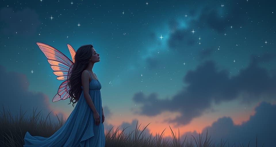  a peaceful fairy with closed eyes, standing under a twilight sky filled with stars. deep internal shift, magical presence, gentle transformation.. the style is digital art illustration,highly detailed, whimsical,magical, dreamlike atmosphere, realism and fantasy blend, smooth, glossy textures,luminous quality, wonder and enchantment.