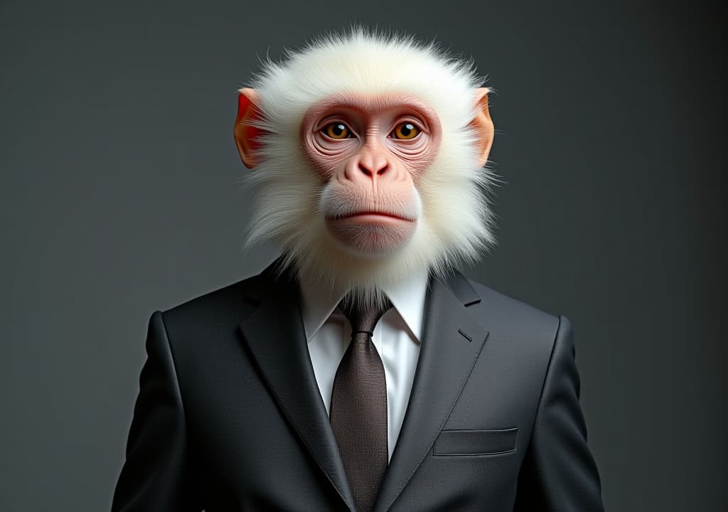  white monkey dressed in an elegant modern suit with a nice tie. fashion portrait of an anthropomorphic animal, shooted in a charismatic human attitude