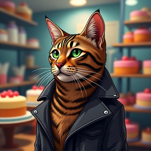  in a bustling cake shop, hemule, the rebellious tabby cat, stands out with his impeccable style. his striking green eyes survey the array of colorful cakes, exuding charisma and edgy vibes. the cartoonish scene captures hemule's tough persona, mixing brown, black, and grey stripes in a vibrant, comic book like style, creating a compelling visual narrative. hyperrealistic, full body, detailed clothing, highly detailed, cinematic lighting, stunningly beautiful, intricate, sharp focus, f/1. 8, 85mm, (centered image composition), (professionally color graded), ((bright soft diffused light)), volumetric fog, trending on instagram, trending on tumblr, HDR 4K, 8K