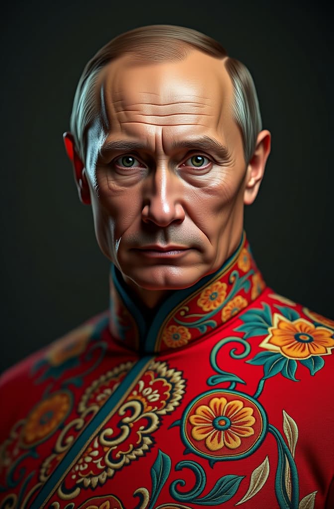  vladimir putin china poblana dress, realistic, portrait, art by donato giancola and greg rutkowski, realistic face, digital art, trending on artstation hyperrealistic, full body, detailed clothing, highly detailed, cinematic lighting, stunningly beautiful, intricate, sharp focus, f/1. 8, 85mm, (centered image composition), (professionally color graded), ((bright soft diffused light)), volumetric fog, trending on instagram, trending on tumblr, HDR 4K, 8K