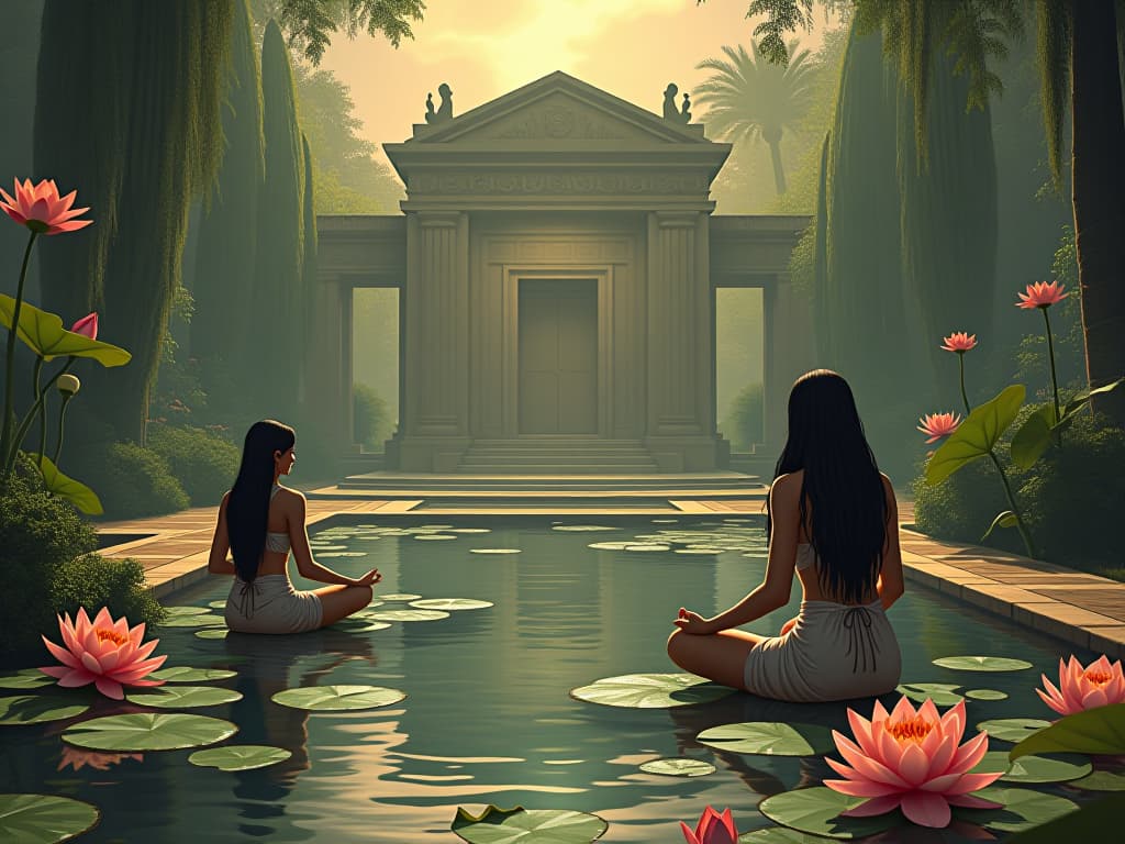  a serene temple garden with tranquil ponds and blossoming lotus flowers, large busted women meditating, atmosphere of seeking divine connection. the style is digital art illustration / modern comic book / mysterious occult, symbolic, esoteric vibe,high detail on character design, incorporating ancient egyptian symbology and attire.