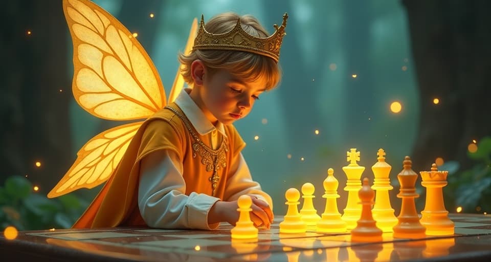  an overconfident fairy prince in bright, regal attire playing with enchanted, glowing chess pieces, his expression turning solemn as the pieces start to fall apart. an atmosphere of unexpected consequences, charming yet foreboding.. the style is digital art illustration,highly detailed, whimsical,magical, dreamlike atmosphere, realism and fantasy blend, smooth, glossy textures,luminous quality, wonder and enchantment.