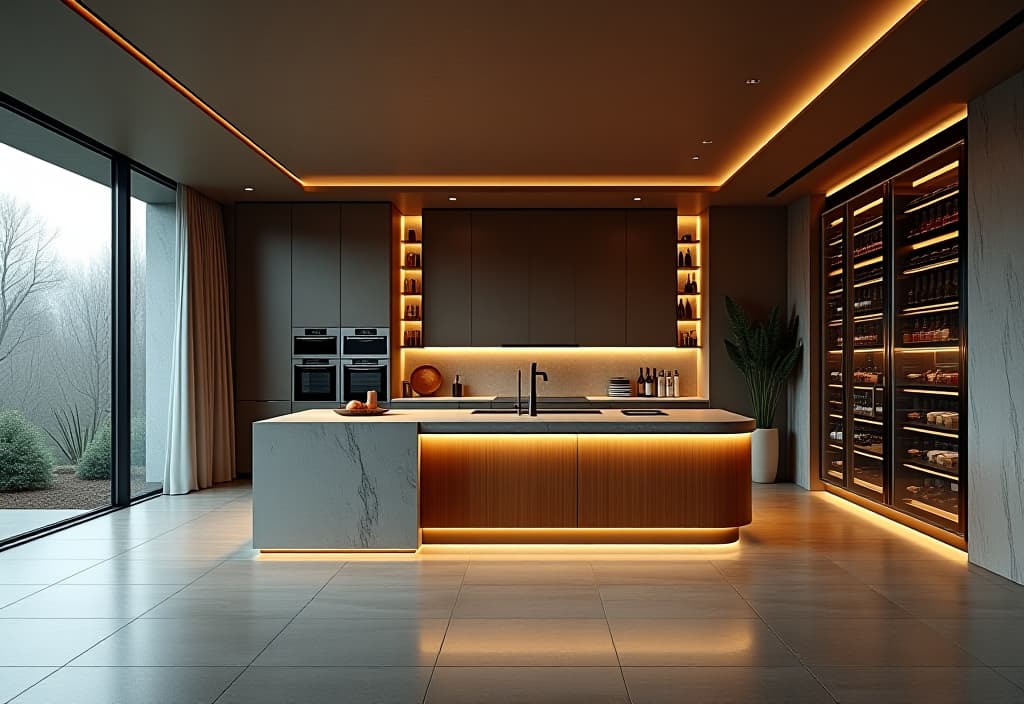  a landscape photo of a luxurious l shaped contemporary kitchen with a waterfall island, metallic accents, and a glass wine cellar wall hyperrealistic, full body, detailed clothing, highly detailed, cinematic lighting, stunningly beautiful, intricate, sharp focus, f/1. 8, 85mm, (centered image composition), (professionally color graded), ((bright soft diffused light)), volumetric fog, trending on instagram, trending on tumblr, HDR 4K, 8K