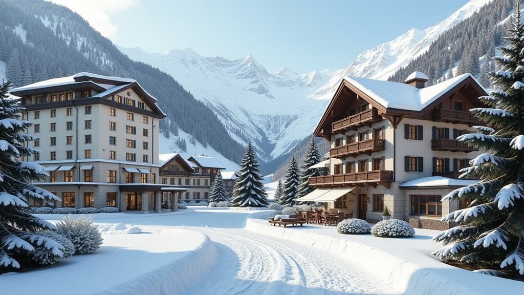  create a hyper realistic image showcasing the contrast between exorbitant luxury accommodations and more budget friendly options in davos during the world economic forum. in the center of the composition, feature the iconic intercontinental davos and the historic steigenberger grandhotel belvédère, emphasizing their opulence with detailed architecture, lavish interiors, and prominent branding. surrounding them, depict a variety of alternative accommodations like cozy guesthouses, charming bed