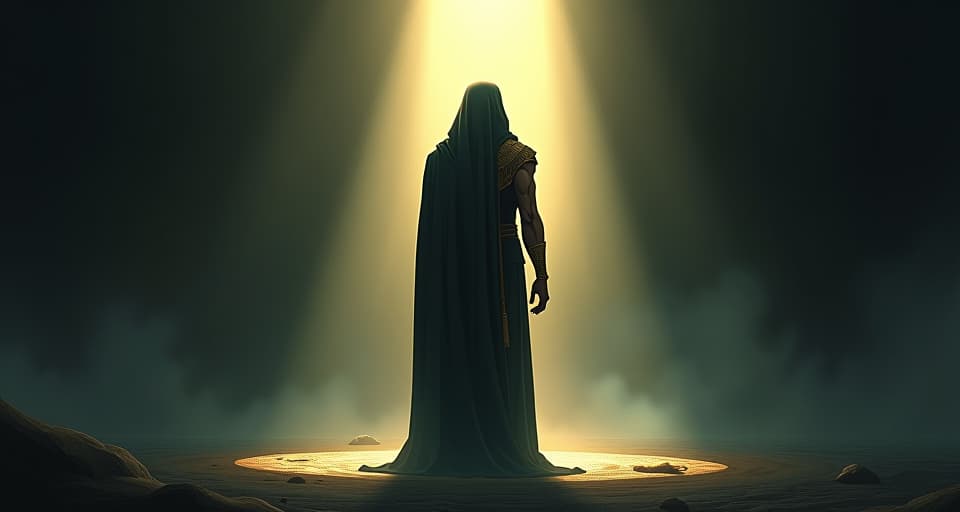  a solitary figure, trembling in shadow, illuminated by surrounding light, aura of unsettling silence, haunted by light. the style is digital art illustration / modern comic book / mysterious occult, symbolic, esoteric vibe,high detail on character design, incorporating ancient egyptian symbology and attire.