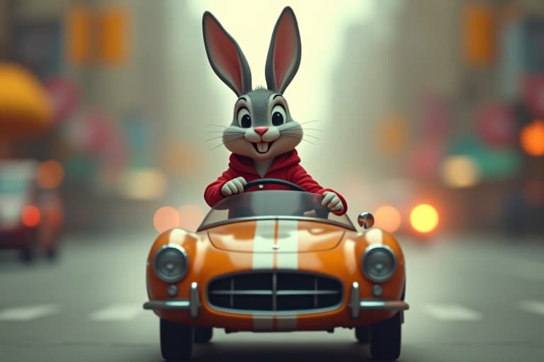  bugs bunny in a toy car, zooming through a busy street (masterpiece, award winning artwork) many details, extreme detailed, full of details, wide range of colors, high dynamic,in frame,8k hyperrealistic, full body, detailed clothing, highly detailed, cinematic lighting, stunningly beautiful, intricate, sharp focus, f/1. 8, 85mm, (centered image composition), (professionally color graded), ((bright soft diffused light)), volumetric fog, trending on instagram, trending on tumblr, HDR 4K, 8K